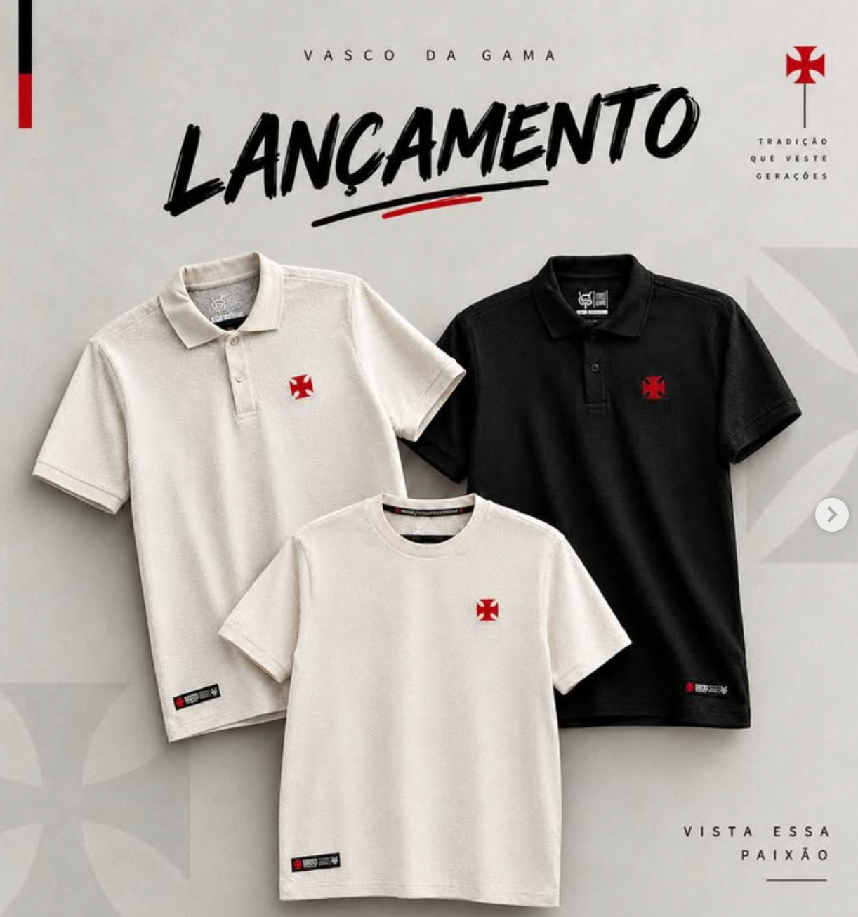 Coleção Vasco da Gama: polos branca e preta e camiseta branca com cruz vermelha