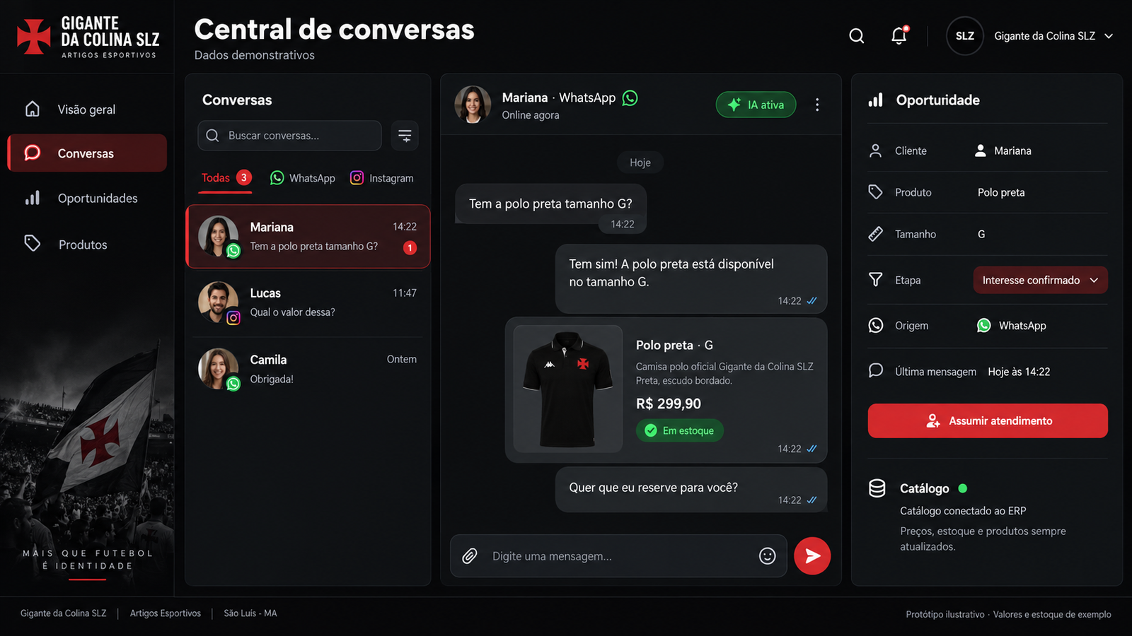 Demonstração ilustrativa: Central de conversas e oportunidades